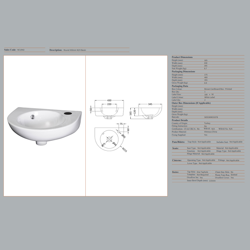 Melbourne 450mm Wall Hung Basin 155 450 280 - Image 2