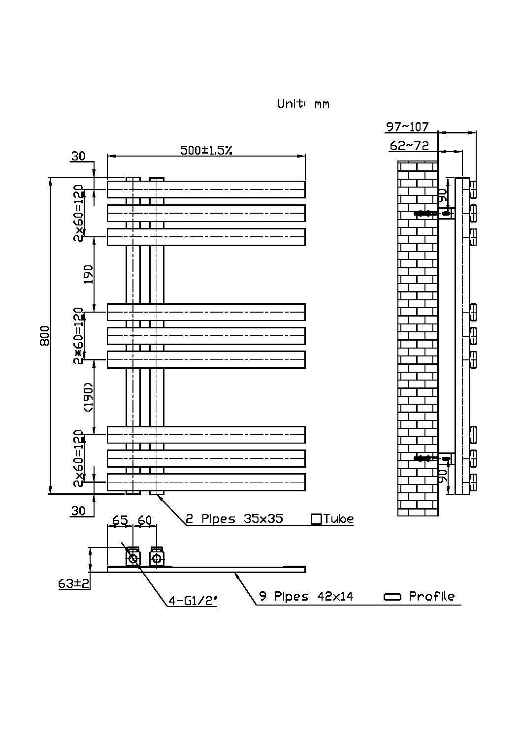 Cardiff Towel Radiators Double Towel Rail 800h x 500w x 70d - Image 6