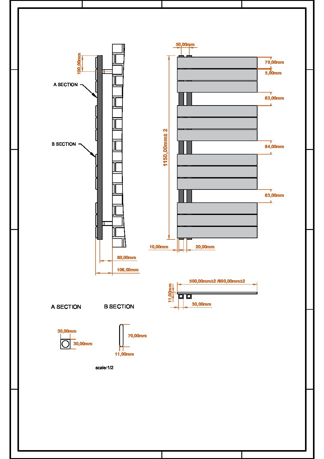 Stoke Towel Radiators Double Towel Rail 1150h x 500w x 106d - Image 5