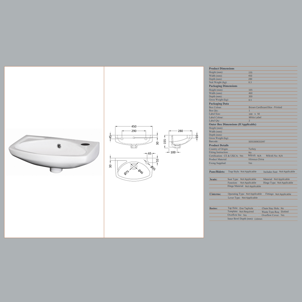 Melbourne 450mm Wall Hung Basin 165 430 345 - Image 2