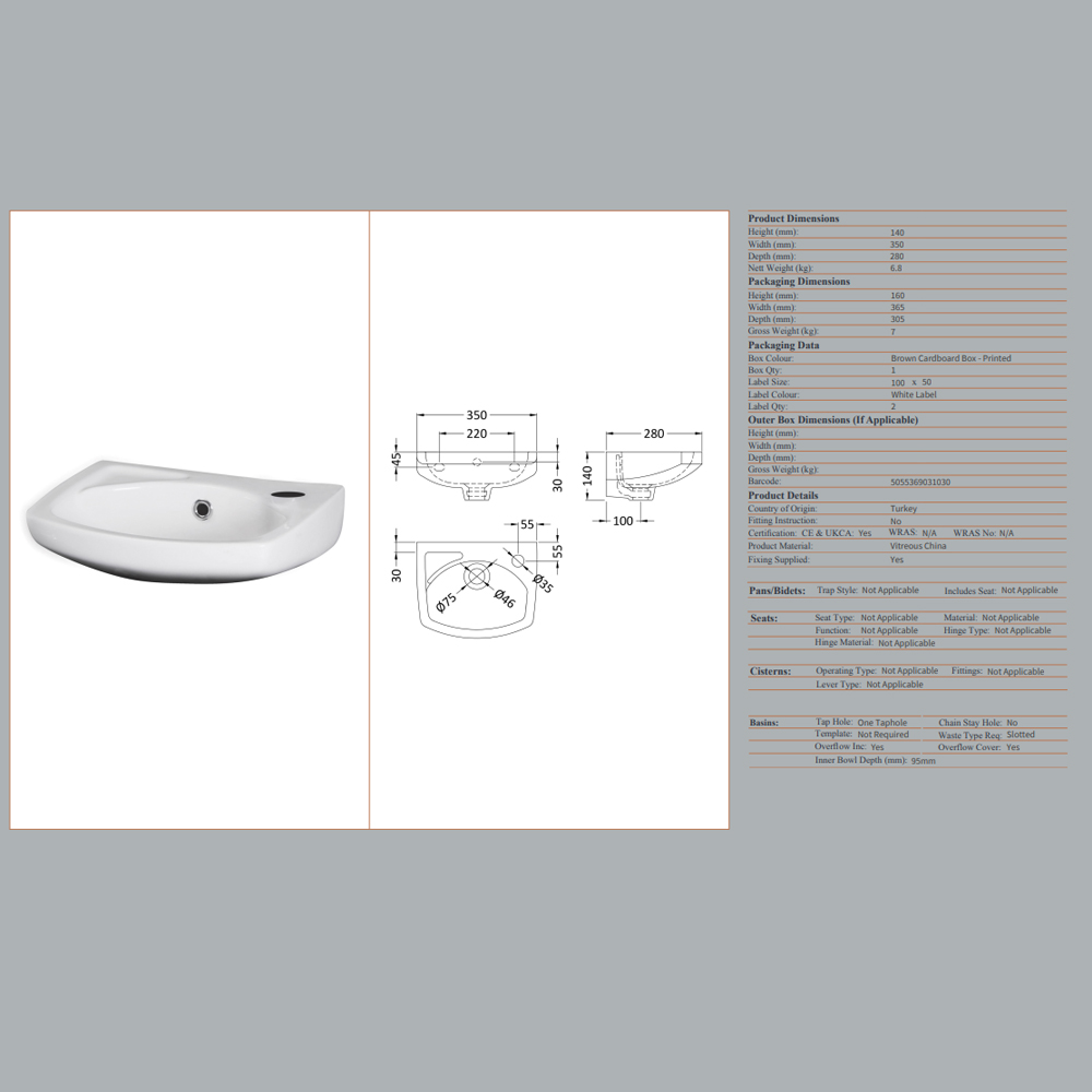 Melbourne 350 mm Wall Hung Basin 140 350 280 - Image 2
